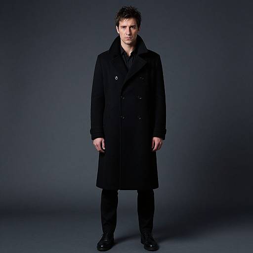 Photograph of a young man with short dark hair, wearing a long black overcoat, black shirt, black pants, and black shoes, standing against