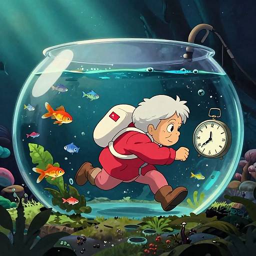 Cartoon of a white-haired boy in red outfit, brown shoes, and backpack, swimming inside a fishbowl with goldfish and plants. Clock