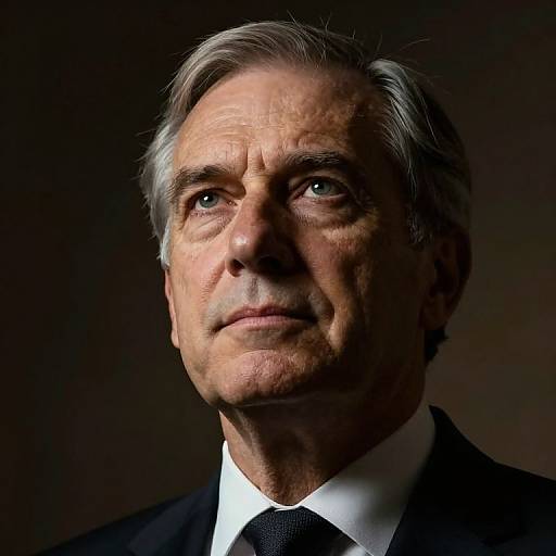 Photograph of an older white man with gray hair, wearing a black suit, white shirt, and black tie, against a dark background. His expression