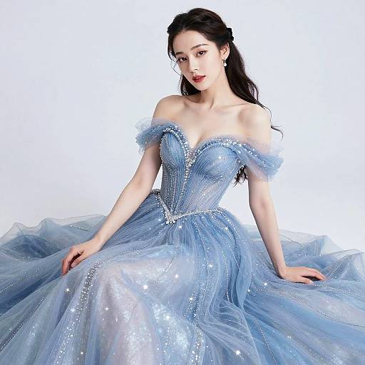 Photograph of an East Asian woman with long black hair, wearing an off-shoulder, blue sparkling ball gown, seated against a white background.