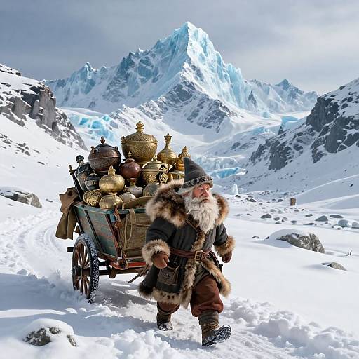 Photorealistic digital artwork of a furry-clad, bearded man pulling a cart filled with ornate, golden teapots through a snowy mountain