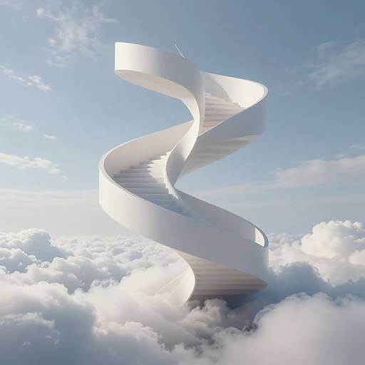 Photorealistic CGI of a sleek, white, twisting spiral sculpture rising through a bright blue sky filled with fluffy white clouds.