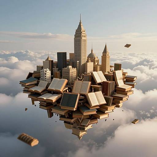 CGI image of a floating city made of stacked, open books with skyscrapers, including a tall, iconic tower, above fluffy clouds.