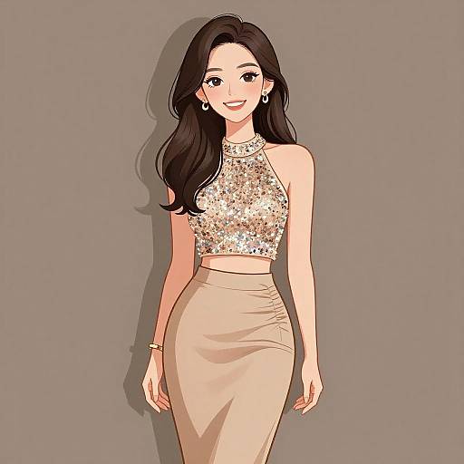 Digital illustration of a smiling woman with long black hair, wearing a sparkly gold crop top and a beige skirt, against a gray background. She accessor
