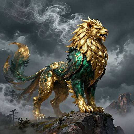 Digital artwork of a regal, golden-maned, green-scaled, dragon-like creature with glowing accents, standing on a rocky cliff, surrounded by
