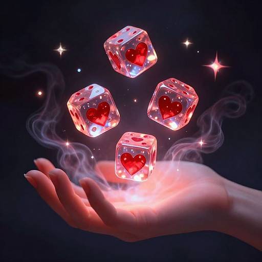 Digital artwork: A glowing hand holds floating transparent dice with red heart symbols, surrounded by sparkles and misty smoke against a dark blue background.
