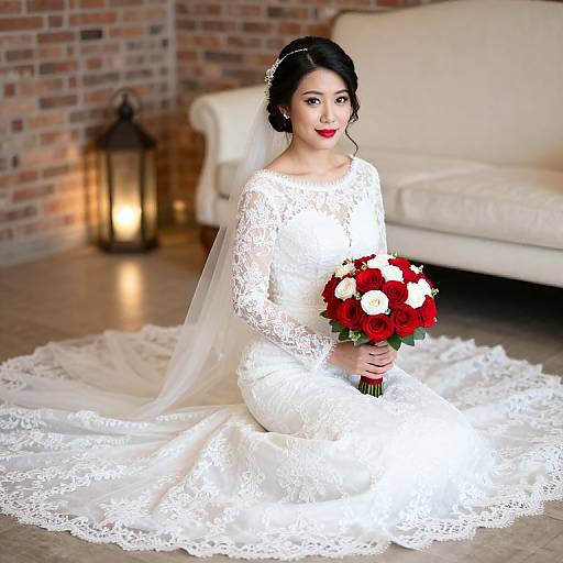 Photograph of an Asian bride in a lace white wedding dress, holding a red and white rose bouquet, kneeling on a lace-trimmed veil,