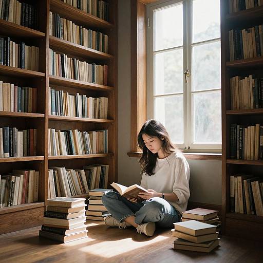 Photograph of a young Asian woman with long black hair, wearing a white sweater and blue jeans, reading a book while seated on the floor among stacks