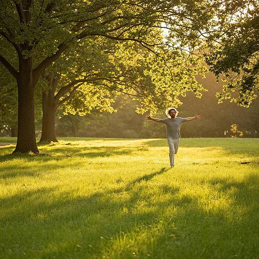 Photograph of a person with short brown hair, wearing a gray shirt and pants, joyfully running with arms outstretched in a sunlit,