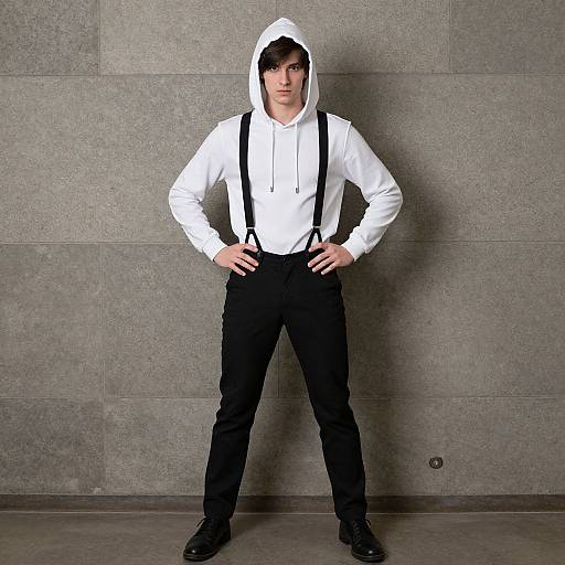 Young man in white hoodie, black pants, and suspenders, standing confidently against a gray concrete wall, hands on hips. Photographic image.