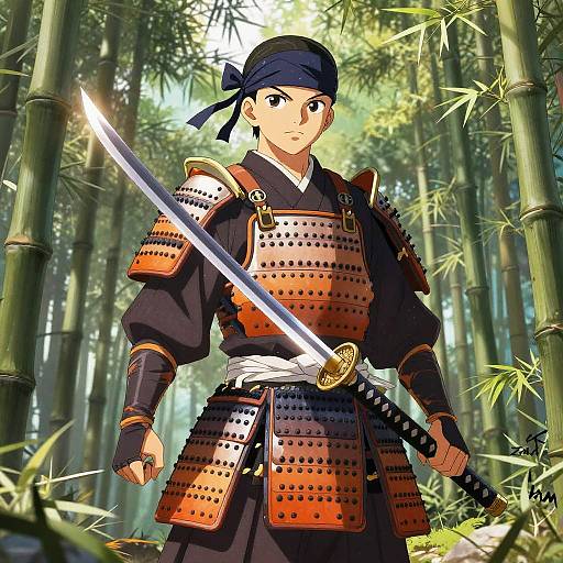 Anime-style digital illustration of a samurai in bamboo forest, wearing red and black armor, black headband, holding a glowing katana.