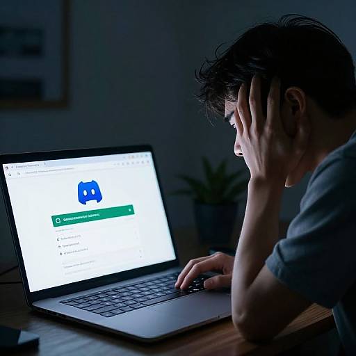 Photograph of a tired, dark-haired man in a grey shirt, using a laptop in dim lighting, with a hand resting on his forehead. Laptop