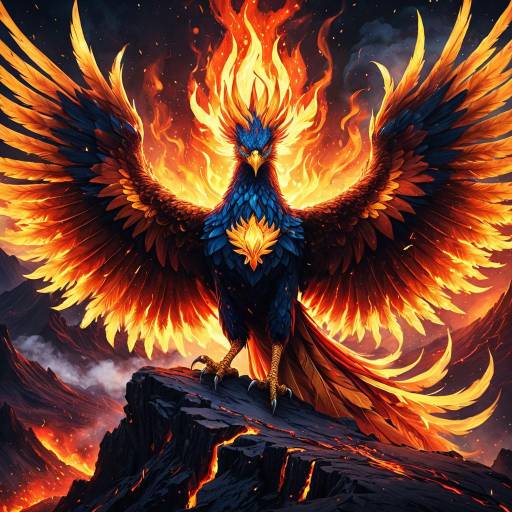 Majestic Flaming Phoenix on Volcanic Peak