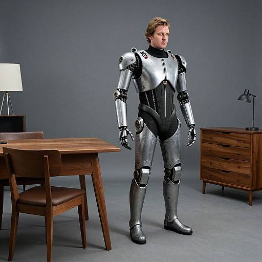 Photograph of a young, blond man in silver, robotic armor standing in a modern, minimalist room with wooden furniture and a lamp.