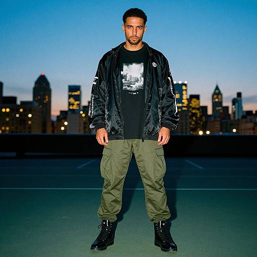 Photograph of a bearded man with short hair, wearing a black jacket, graphic shirt, olive pants, and black boots, standing on a rooftop