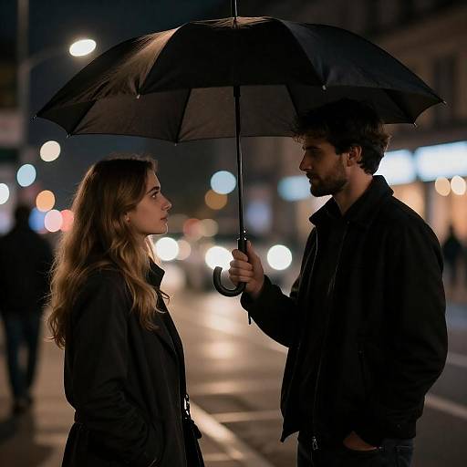 Couple Under Umbrella on Night Street