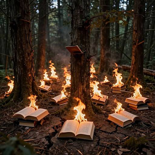 Photograph of a forest scene with open books on fire, flames flickering around tree trunks, creating a mystical, eerie atmosphere.