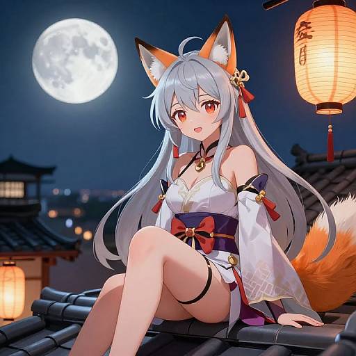 Anime-style digital illustration of a cute, silver-haired fox girl with red eyes, orange fox ears and tail, wearing a white and red kimono,