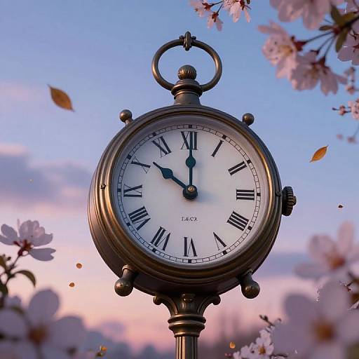Vintage-style clock with black Roman numerals and blue hands, surrounded by blooming cherry blossoms against a twilight sky. Photorealistic digital artwork.