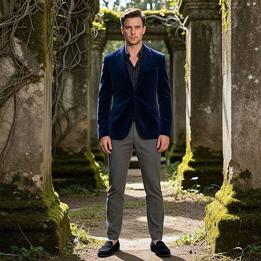 Man in Velvet Blazer in Ancient Ruins