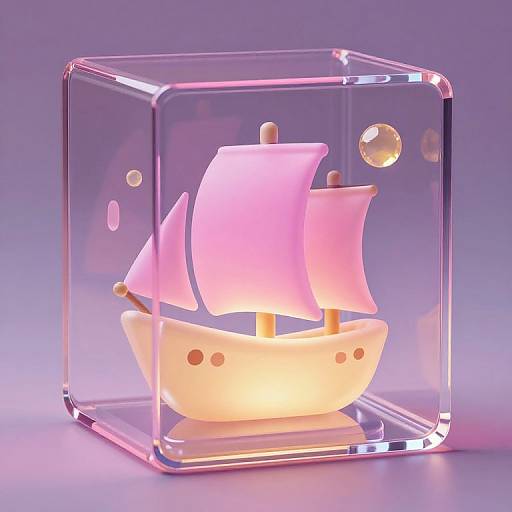 Neon-lit, pink-sailed ship model inside a transparent, purple-illuminated cube with bubbles, creating a whimsical, futuristic display