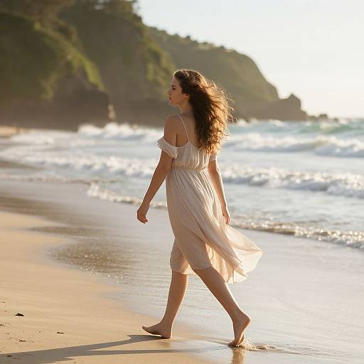 Graceful Woman Walking on Serene Beach