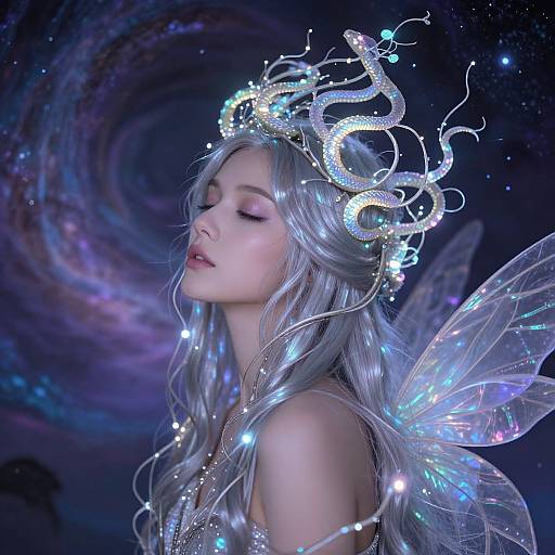 Digital art of a silver-haired fairy with glowing wings, intricate light-filled crown, and ethereal expression against a cosmic swirl background.