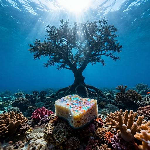 Photograph of a vibrant underwater scene featuring a colorful, speckled coral cube in the foreground, with a silhouetted, tree-like coral