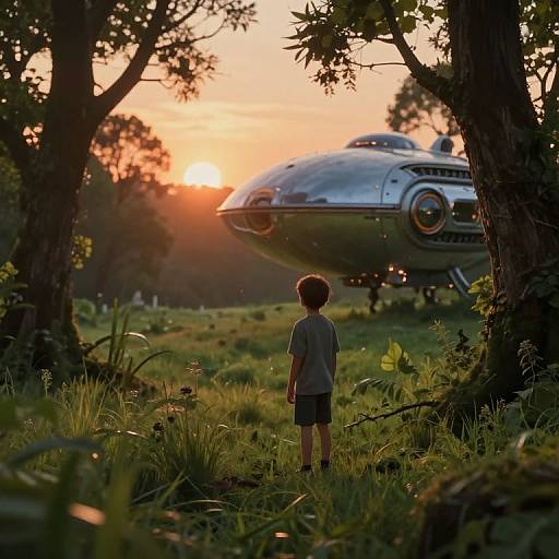 Photograph of a young boy in a gray shirt and black shorts, standing in a grassy forest, facing a futuristic silver flying saucer at sunset