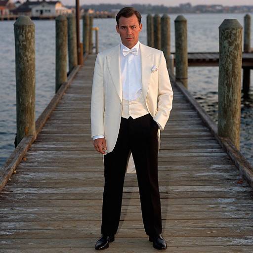 Photograph of a man in a white tuxedo jacket, black pants, and bow tie standing on a wooden pier, with lake and dock poles