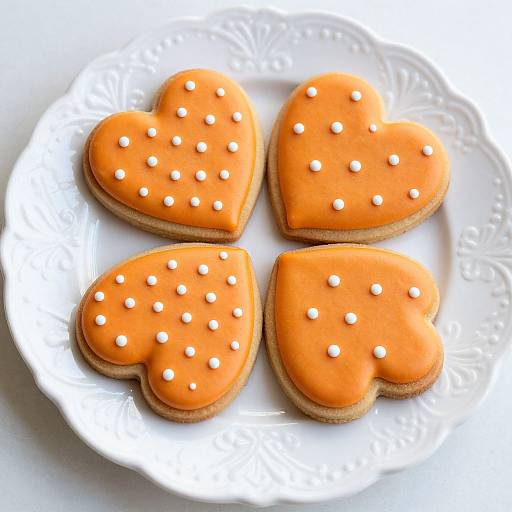 Four orange heart-shaped cookies on a white ornate plate, decorated with white sugar pearls. Bright, colorful, and festive.