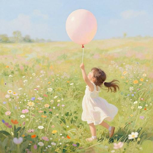 Joyful Child Lifting Balloon in Meadow
