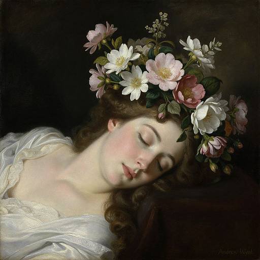 Digital painting of a serene, fair-skinned woman with closed eyes, adorned with a pink and white flower crown, wearing a white, lace-trim