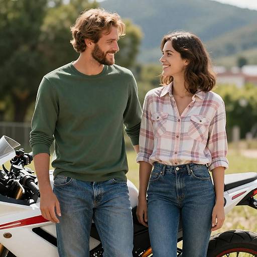 Couple Smiling by their Motorcycle