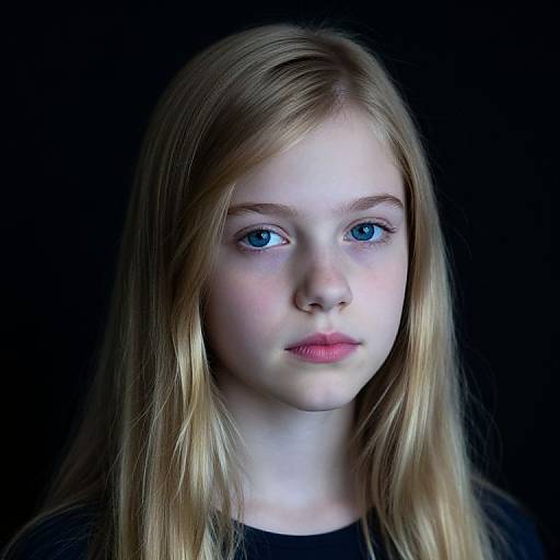 Photograph of a young Caucasian girl with fair skin, blue eyes, and straight blonde hair, wearing a black top, against a dark background.