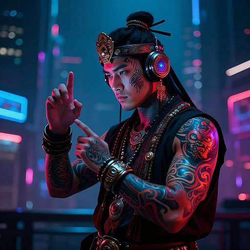 Cyberpunk tattooed man with long black hair, wearing headphones, ornate headpiece, and black sleeveless top, gestures with fingers, illuminated