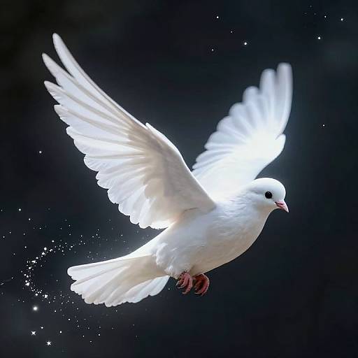 Photograph of a glowing white dove in mid-flight against a dark, starry background, wings spread wide, with sparkling tail feathers.