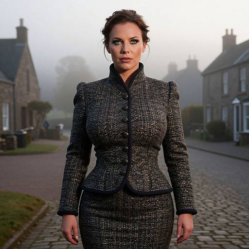 Photograph of a serious woman with dark brown hair in a textured gray houndstooth suit, standing on a foggy, cobblestone street