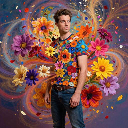 Photograph of a man with short brown hair, wearing a vibrant floral shirt and blue jeans, surrounded by colorful swirling flowers and petals against a dynamic,