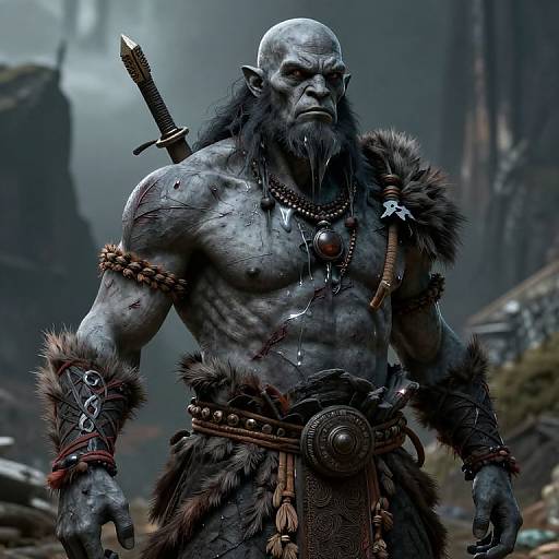 CGI fantasy image of a muscular, bald, blue-gray-skinned orc warrior with fur and leather armor, sword on back, blood on chest,