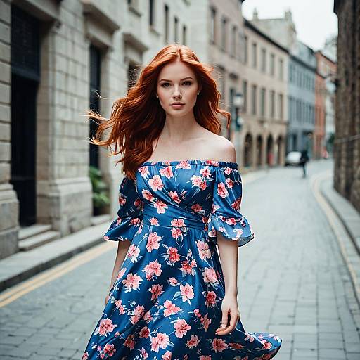 Elegant Red-Haired Woman in Floral Dress