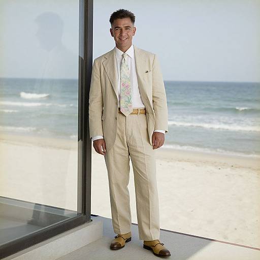Photograph of a smiling man in a beige suit, white shirt, floral tie, and brown shoes, standing by a large window with a beach and