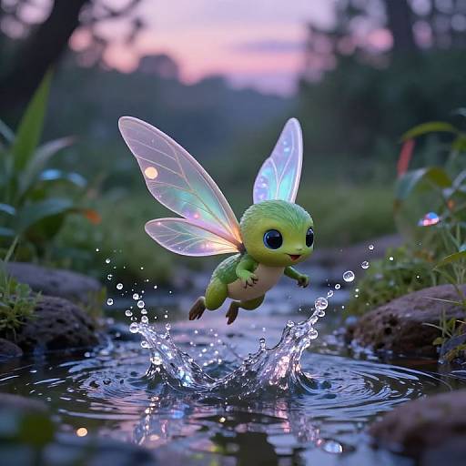 Photograph of a cute, green, fairy-like creature with glowing blue wings, jumping over a splashing water puddle in a lush, twilight forest