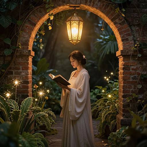 Photograph of a woman in a beige, long-sleeve, flowing dress, reading under a glowing lantern in a brick archway surrounded by lush