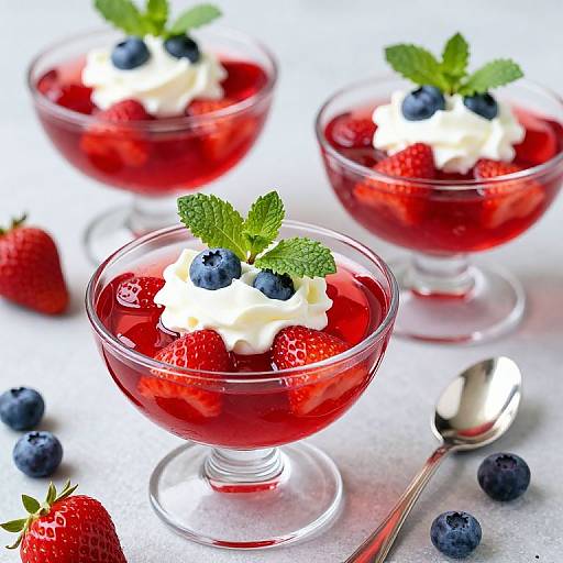 Photograph of three glass dessert bowls filled with red berry mixture, topped with whipped cream, blueberries, and mint, with a spoon and scattered berries
