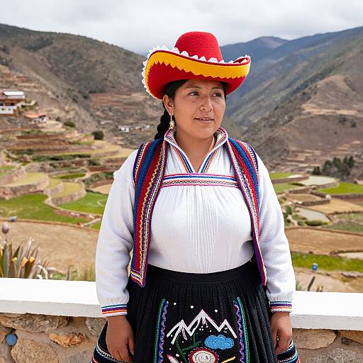 Photograph of a smiling Indigenous Andean woman in traditional attire: white blouse, black skirt with colorful embroidery, red and yellow hat, standing against a