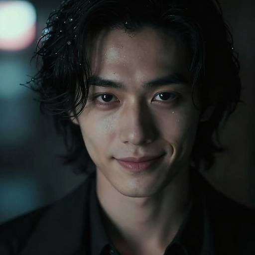 Close-up photograph of a young Asian man with wet, dark, wavy hair, light skin, and a subtle smile, set against a dark,
