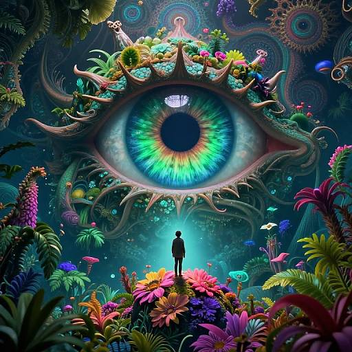 Digital art: Silhouetted figure stands before a giant, vibrant, multi-colored eye surrounded by lush, colorful plants and flowers in a surreal,