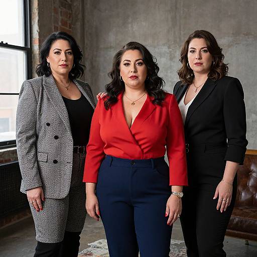 Photograph of three women in professional attire: left in grey coat, center in red blouse and black pants, right in black blazer. Indoor industrial