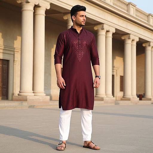 Photograph of a young man with medium brown skin, black hair, and trimmed beard, wearing a maroon kurtah, white pants, and